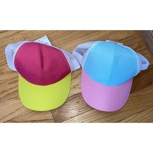 Two Tone Trucker Hats Neon Pink Blue Yellow White Mesh Caps Lot of 2